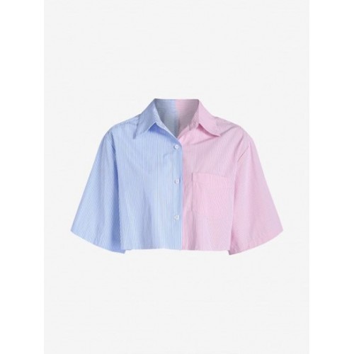 Front Pocket Two Tone Stripes Cropped Shirt
