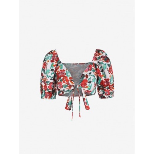 Floral Puff Sleeve Tie Front Cropped Blouse