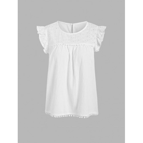 Eyelet Ruffle Pom Pom Blouse