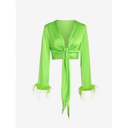 Feather Cuffs Tie Front Slit Crop Blouse
