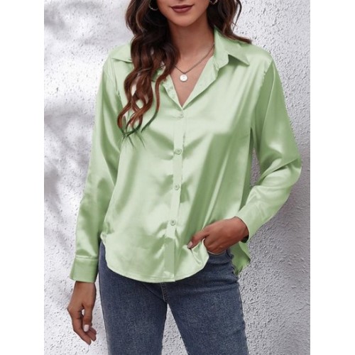 Neutral Solid Silky Satin Button Down Shirt