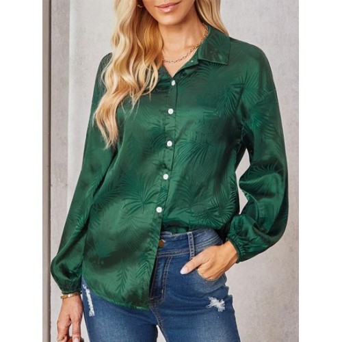 Leaves Jacquard Silky Satin Button Down Shirt