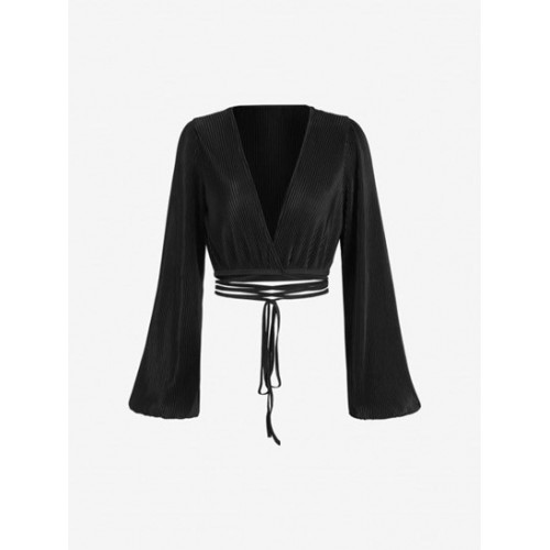 Long Sleeve Plisse Cropped Wrap Blouse