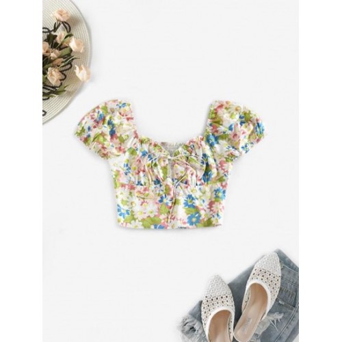 Floral Print Puff Sleeve Shirred Cropped  Blouse