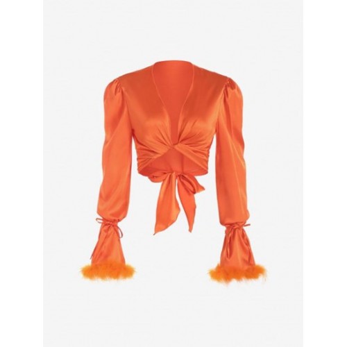 Satin Puff Sleeve Feather Trim Wrap Blouse