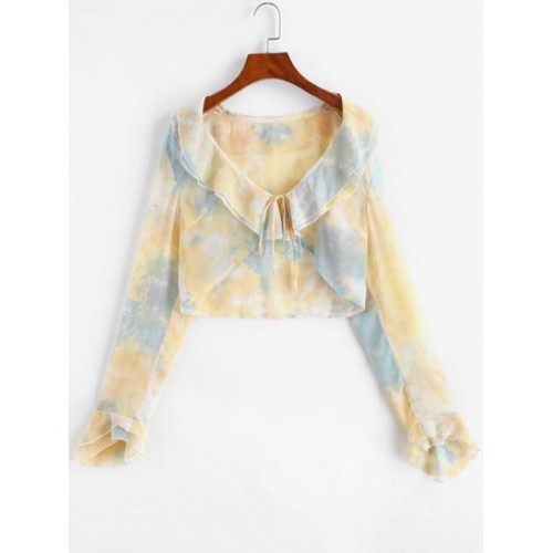 Tie Dye Ruffle Bell Sleeve Crop Blouse