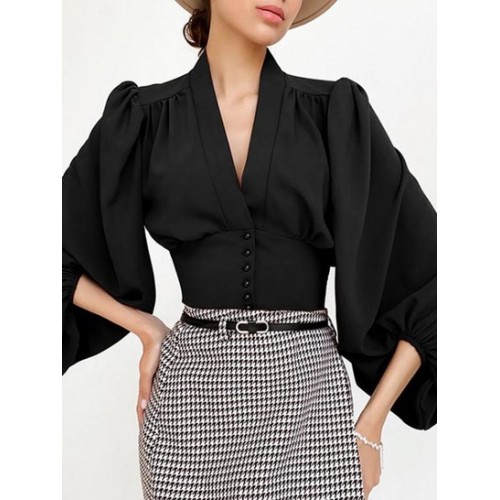 Lantern Sleeve Button Up Crop Corset Blouse
