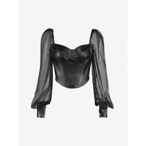 See Thru Puff Sleeve PU Corset Top
