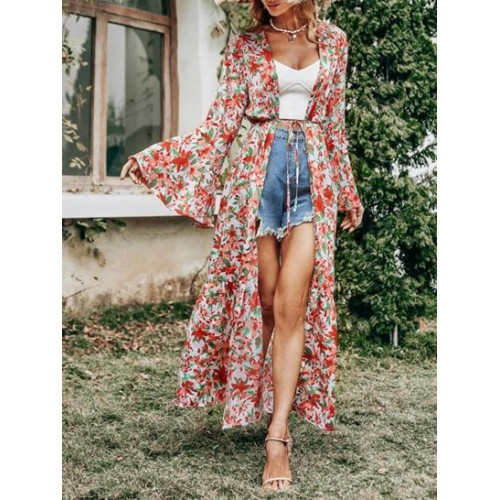 Flower Print Belted Flare Sleeve Maxi Top