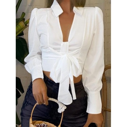 Plunge Front Bowknot Smocked Back Crop Shirt