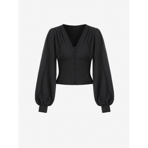 Lantern Sleeve Loop Button Blouse