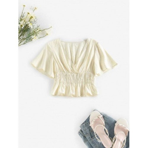 Smocked Waist Peplum Hem Surplice Blouse