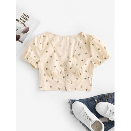 Puff Sleeve Ditsy Print Cropped Blouse