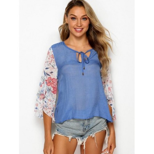 Tie Collar Floral Panel Chambray Blouse