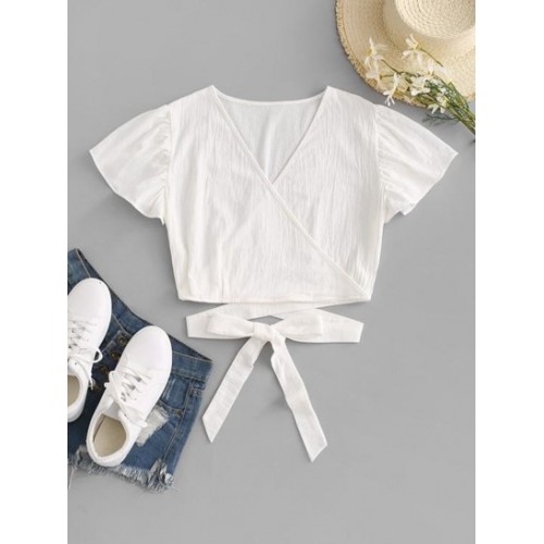 Surplice Plunging Wrap Waist Blouse
