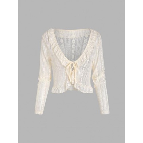 Floral Lace See Thru Ruffle Tie Front Blouse