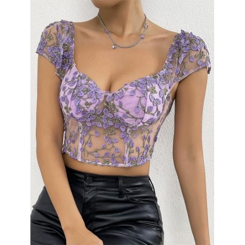 Leaves Embroidered Sheer Mesh Bustier Cropped Top