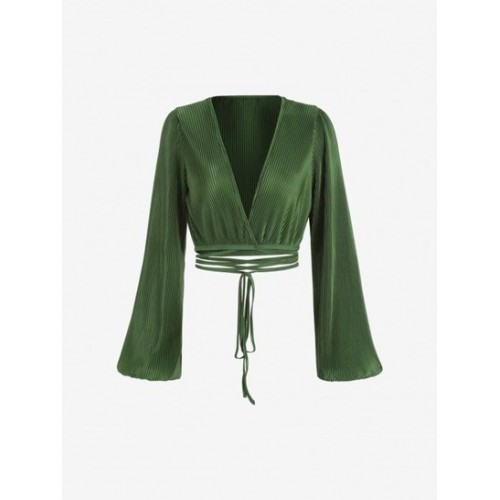 Long Sleeve Plisse Cropped Wrap Blouse