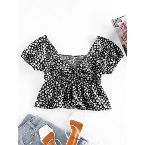 Ditsy Print Smocked Cinched Peplum Blouse