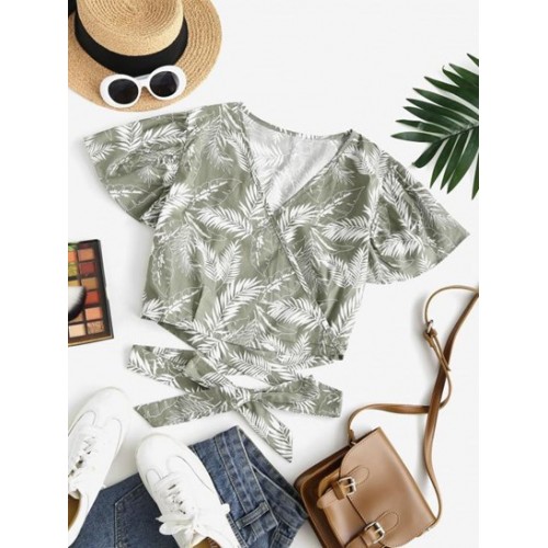 Leaf Print Tropical Surplice Tied Blouse