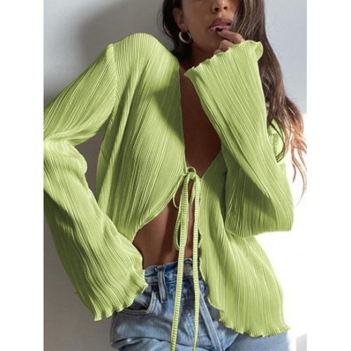 Plisse Pleated Tie Front Top