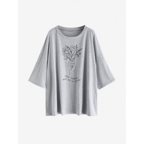 Sketch Flower Oversized Drop Shoulder Boyfriend Te...
