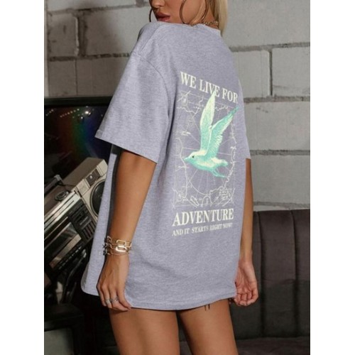 Bird Live For Adventure Print Drop Shoulder T Shir...