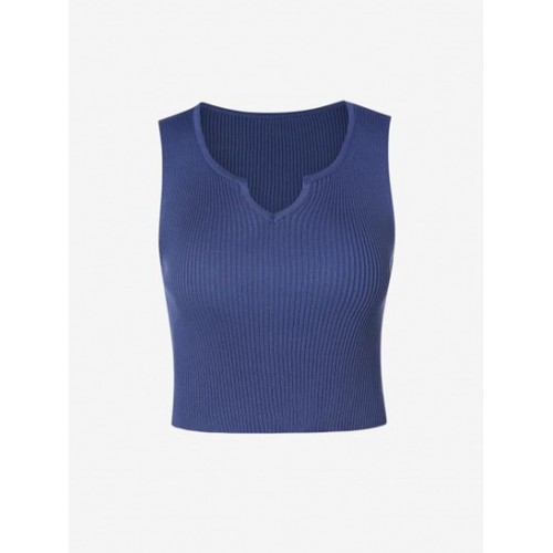 Rib Knit V Notched Cut Out Tank Top