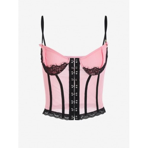 Corset-style Bustier Lace Trim Sheer Mesh Cami Top