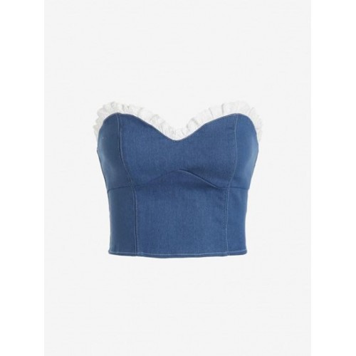 Denim Back Zip Contrast Ruffle Bandeau Corset Top