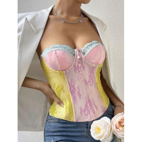 Colorblock Lace Underwire Mock Button Strapless Co...