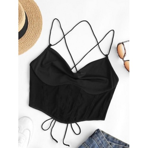 Mesh Panel Lace-up Draped Cami Bralette Top