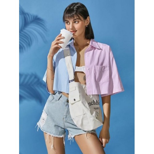 Front Pocket Two Tone Stripes Cropped Shirt