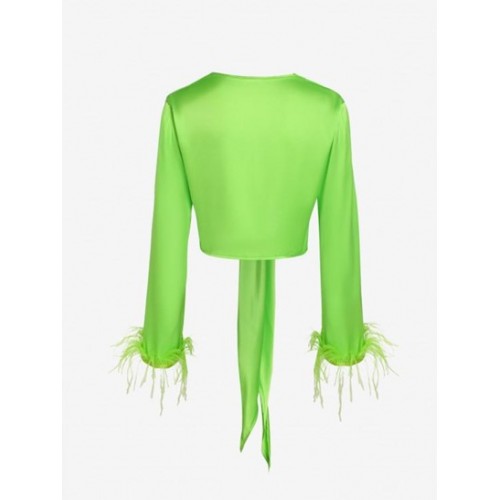 Feather Cuffs Tie Front Slit Crop Blouse