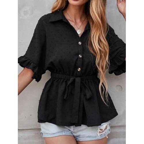 Swiss Dot Half Button Batwing Sleeve Peplum Blouse