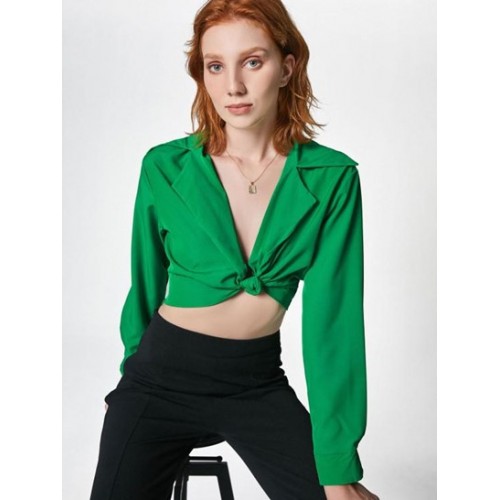 Knotted Lapel Crop Shirt