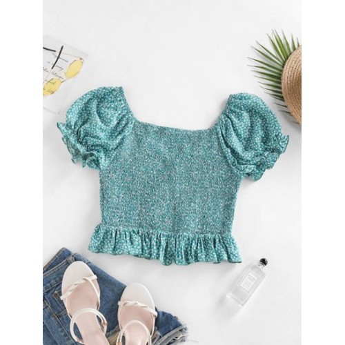 Ditsy Print Smocked Puff Sleeve Peplum Blouse