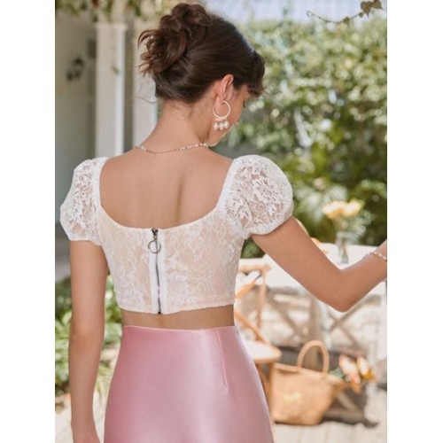 Lace Insert Puff Sleeve Crop Corset Top