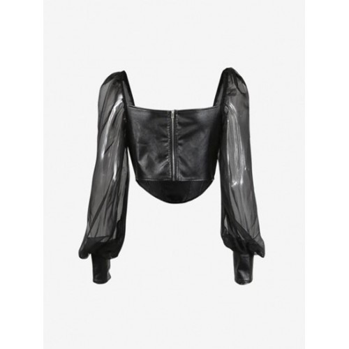 See Thru Puff Sleeve PU Corset Top