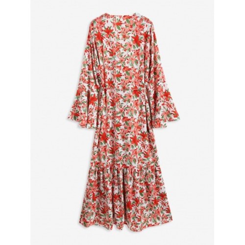 Flower Print Belted Flare Sleeve Maxi Top