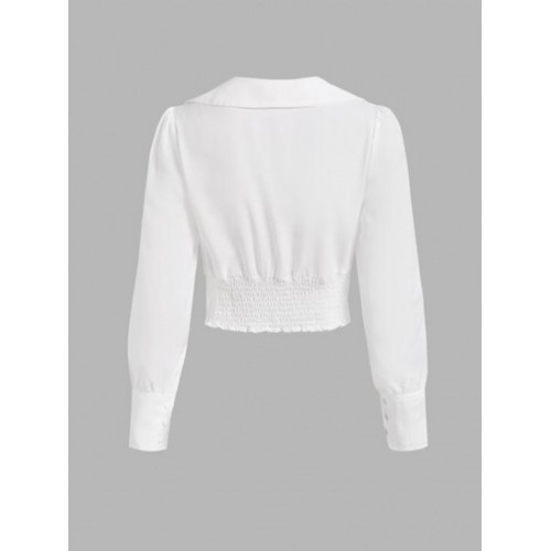 Plunge Front Bowknot Smocked Back Crop Shirt