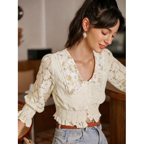 Lettuce Hem Floral Collar Beading Lace Blouse