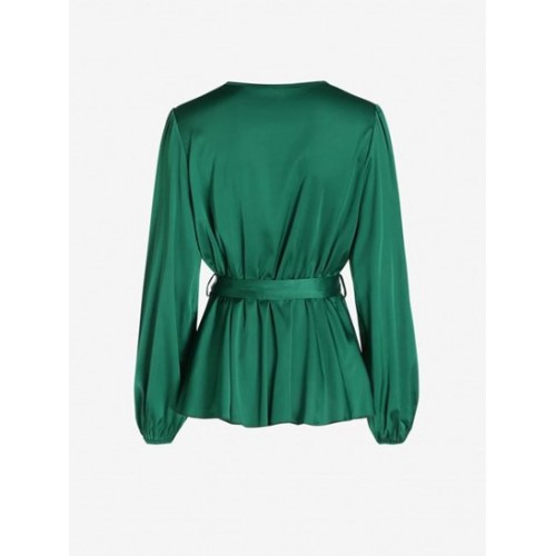 V Neck Belted Surplice Blouse