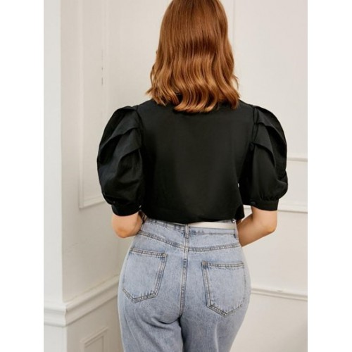 Retro Embroidered Flat Collar Puff Sleeve Blouse