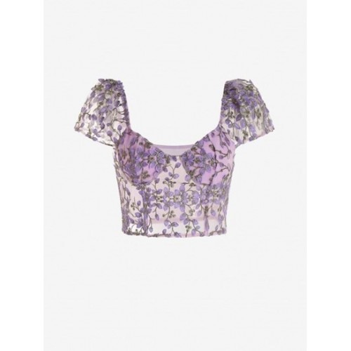 Leaves Embroidered Sheer Mesh Bustier Cropped Top