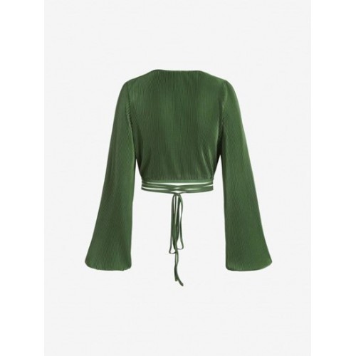 Long Sleeve Plisse Cropped Wrap Blouse