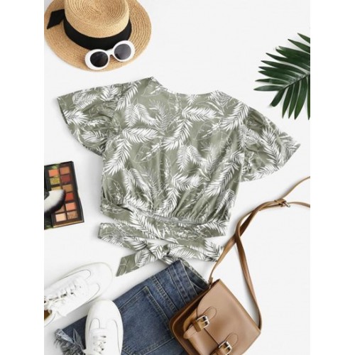 Leaf Print Tropical Surplice Tied Blouse