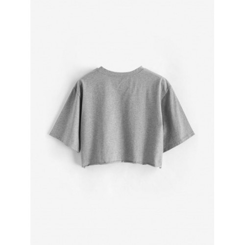 Sun Star Slogan Print Raw Hem Crop T Shirt
