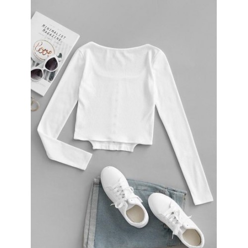 Square Collar Rib-knit Grommets Crop Top