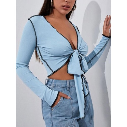Ribbed Topstitching Tie Front Crop T Shirt